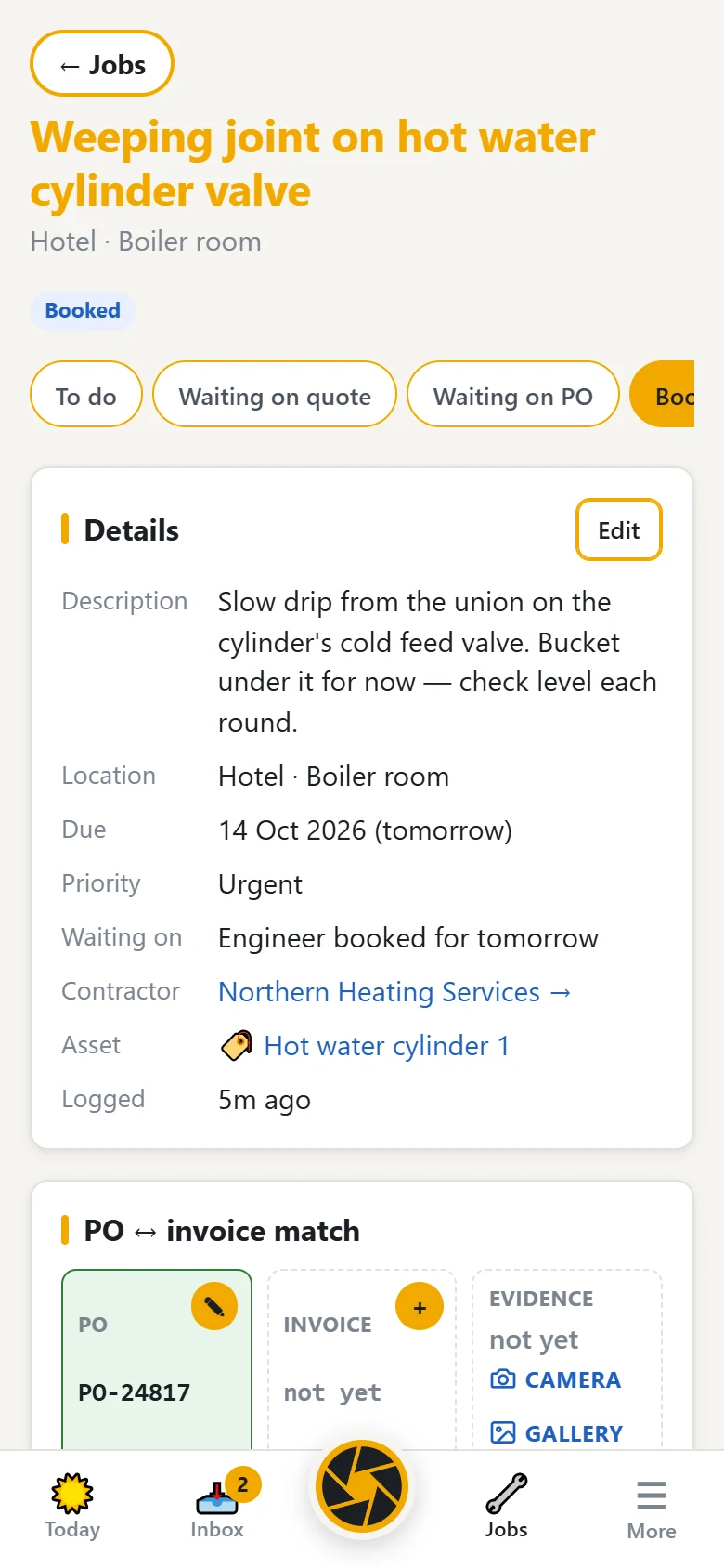 A job showing its details, contractor and PO